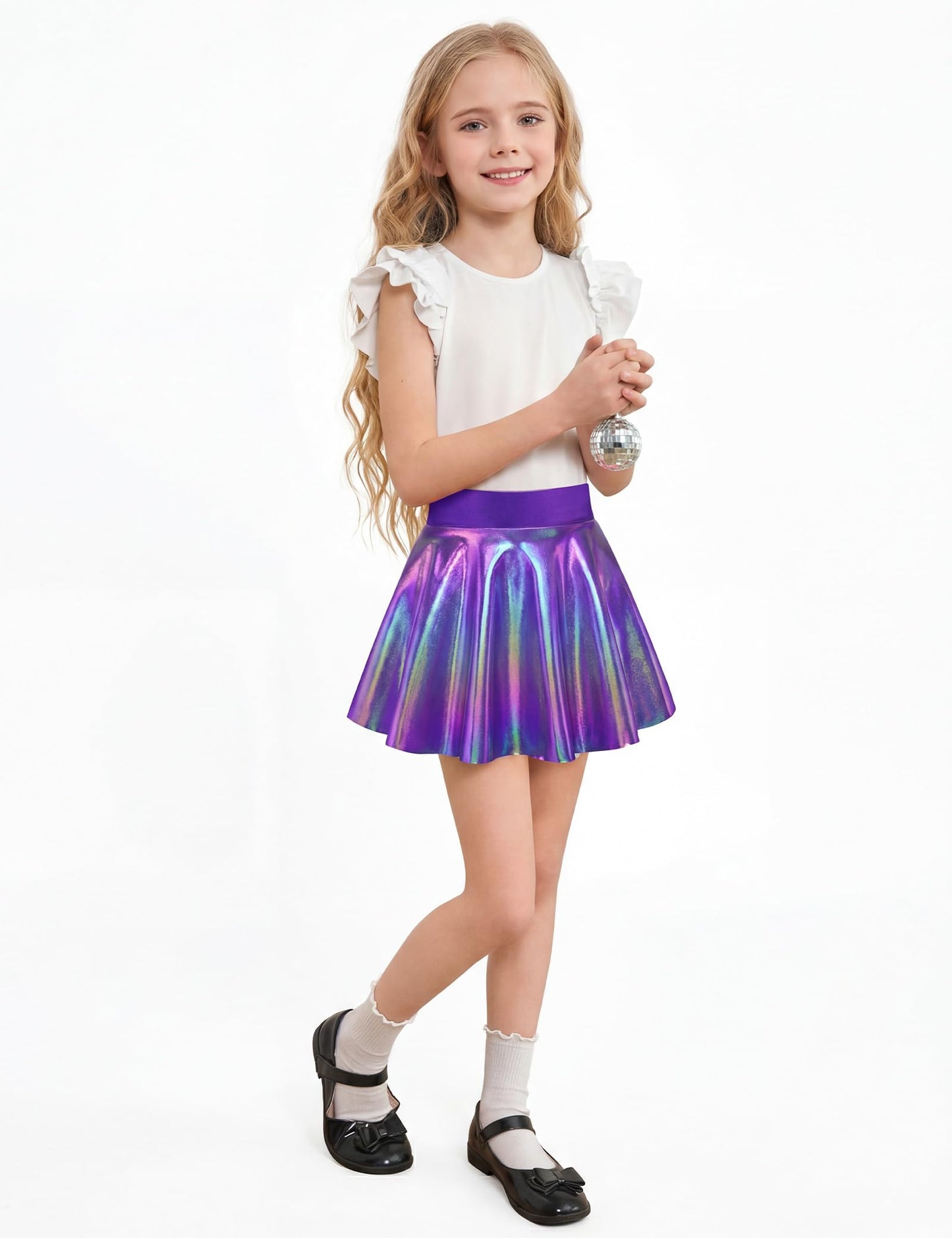 Girls Metallic Skort Size 4t 5t Sparkly Purple Cute A-Line Holographic Skirts for Kids Gymnastics Birthday