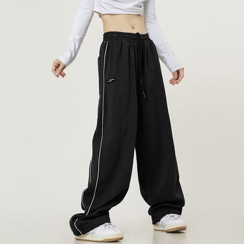 Elincho Women's Y2K Sweatpants Baggy Wide Leg Joggers Elastic Drawstring Waist Casual Streetwear with Pockets Black