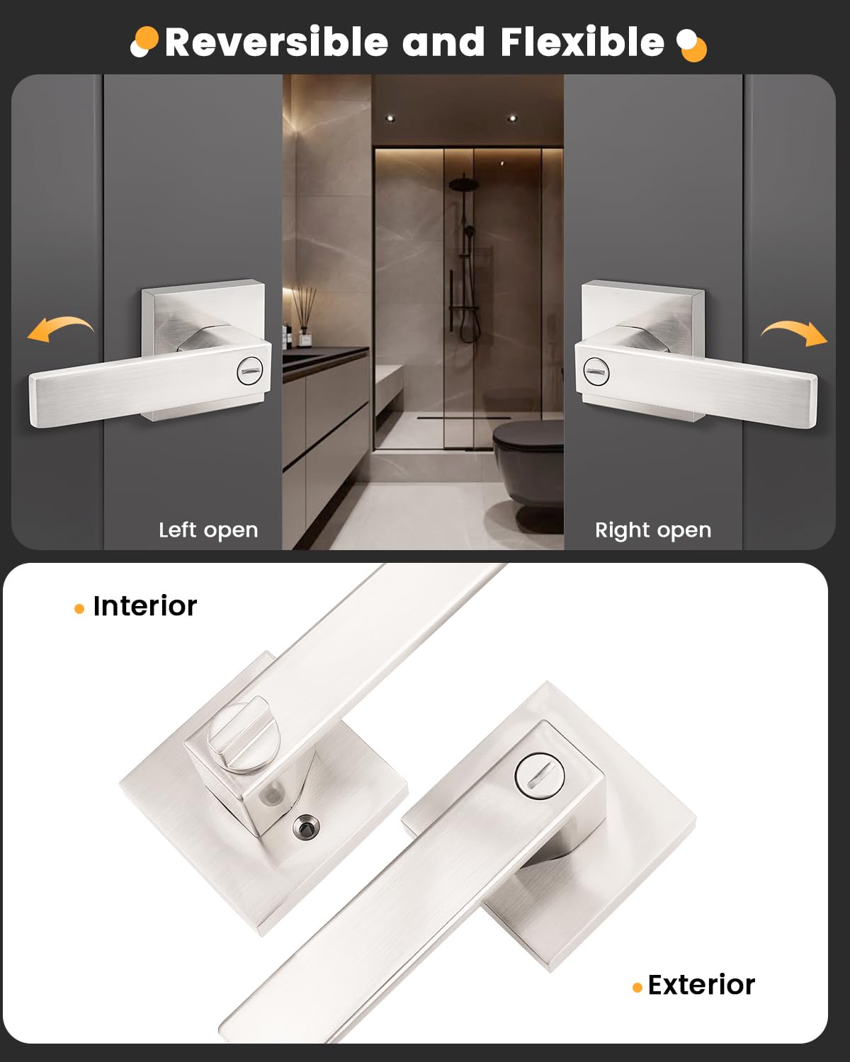 Gobrico Square 3 Pack Satin Nickel Privacy Door Locksets,Square Interior Door Levers for Bed/Bath,Thumb-Turn Button Inside
