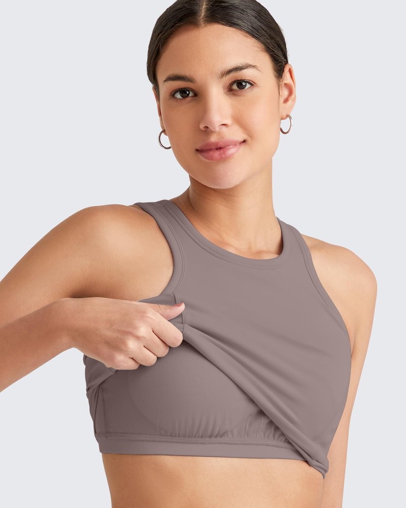 G4Free Yoga Tank Tops for Women with Built in Bras Racerback Longline Sports Bra Removable Pads Summer Clothes for Workout Running (Taupe,XL)