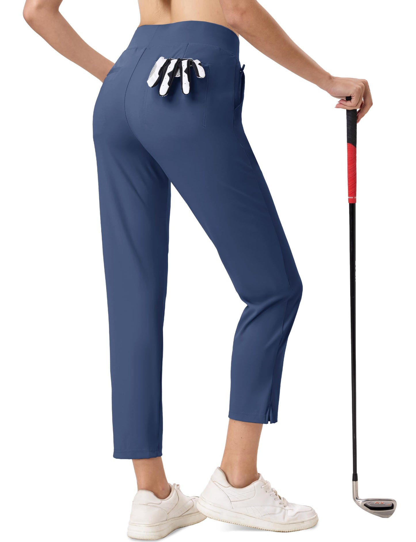 MAGCOMSEN Women's Work Pants Stretch Ankle Dress Casual Slack Lightweight High Waisted Golf Capris Summer Pants Blue, L