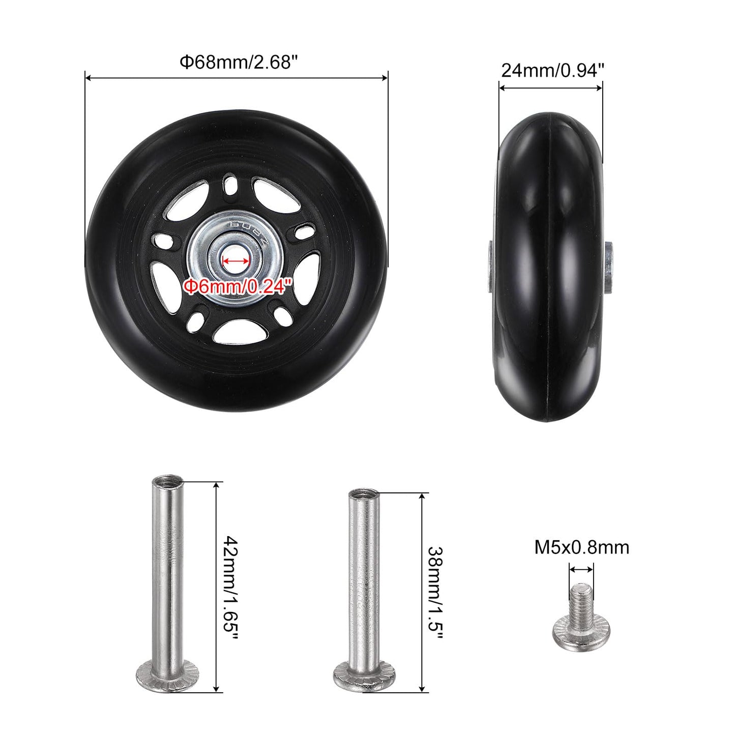 uxcell Replacement Luggage Wheels 68x24mm Suitcase Wheel Repair Kits Include 4 PU Bearing Wheels & Washers, Wrenches & Axle Screw for Trolley Bag, Inline Skate and Caster Board