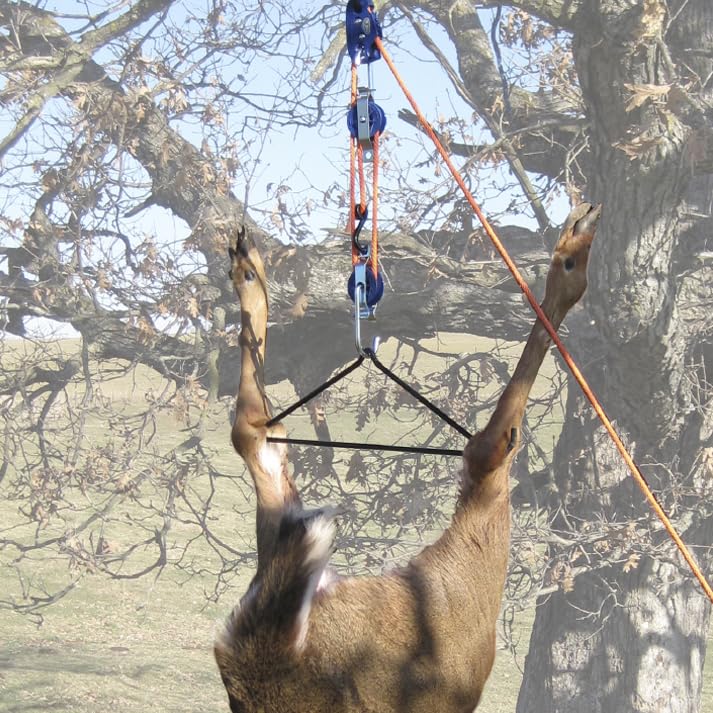Tie Boss - Self Locking, Block and Tackle Pulley Hoist System with 35 ft of Polypropylene Solid Braided Rope. (Rated for 300lbs)