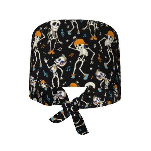 Dancing Skull Skeleton Music Adjustable Working Cap Breathable Unisex Women Men Elastic Bandage Tie Back Hats Scrub Nursing Doctor Surgeon Cap