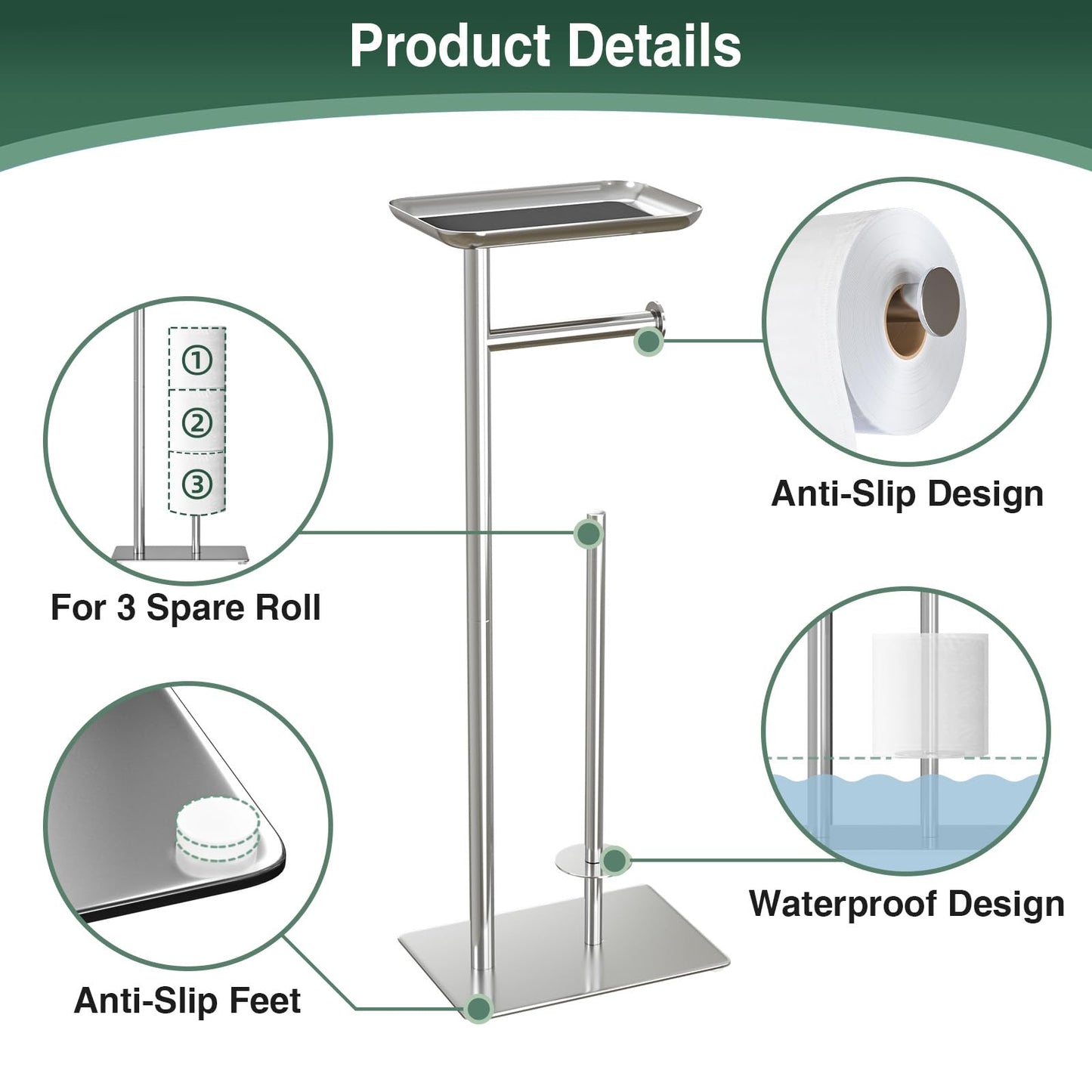 Toilet Paper Holder Stand with Top Storage Shelf, Free Standing Toilet Roll Dispenser for Bathroom, Holds 4 Reserve Rolls