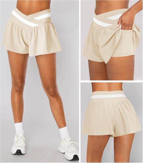 Hragc Women's High-Waisted 2-in-1 Running Shorts - Flowy Butterfly Design with Pockets