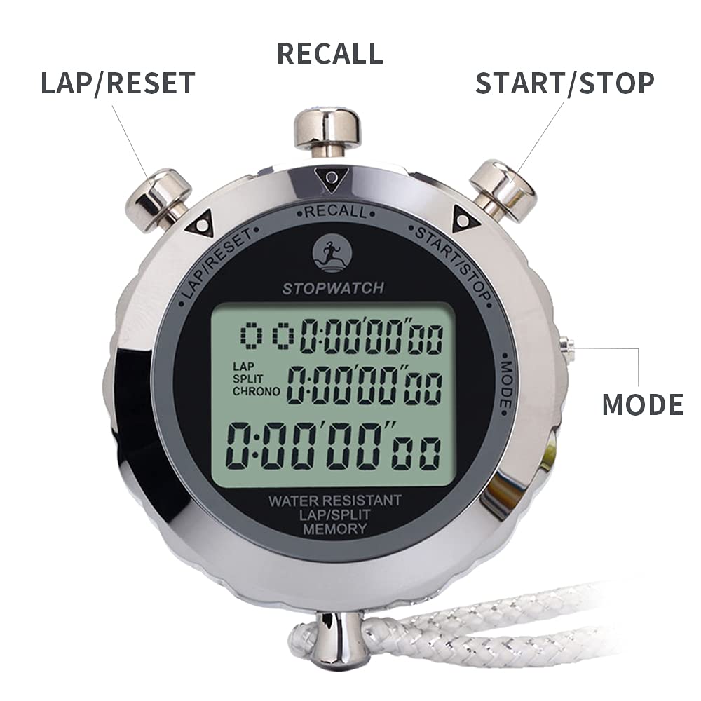 JUNSD Digital Stopwatch, Metal Stop Watch 10 Lap Memory Stopwatch Timer, Water Resistant Stopwatch for Sports, Competitions, Games