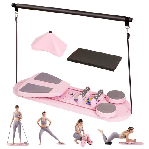 OutdoorMaster Pilates Board, 6 in 1 Pilates Reformer Set, Foldable Pilates Reformer Machine with Resistance Bands & Ab Traine, Portable Pilates Board for Full-Body Workouts (Pink)