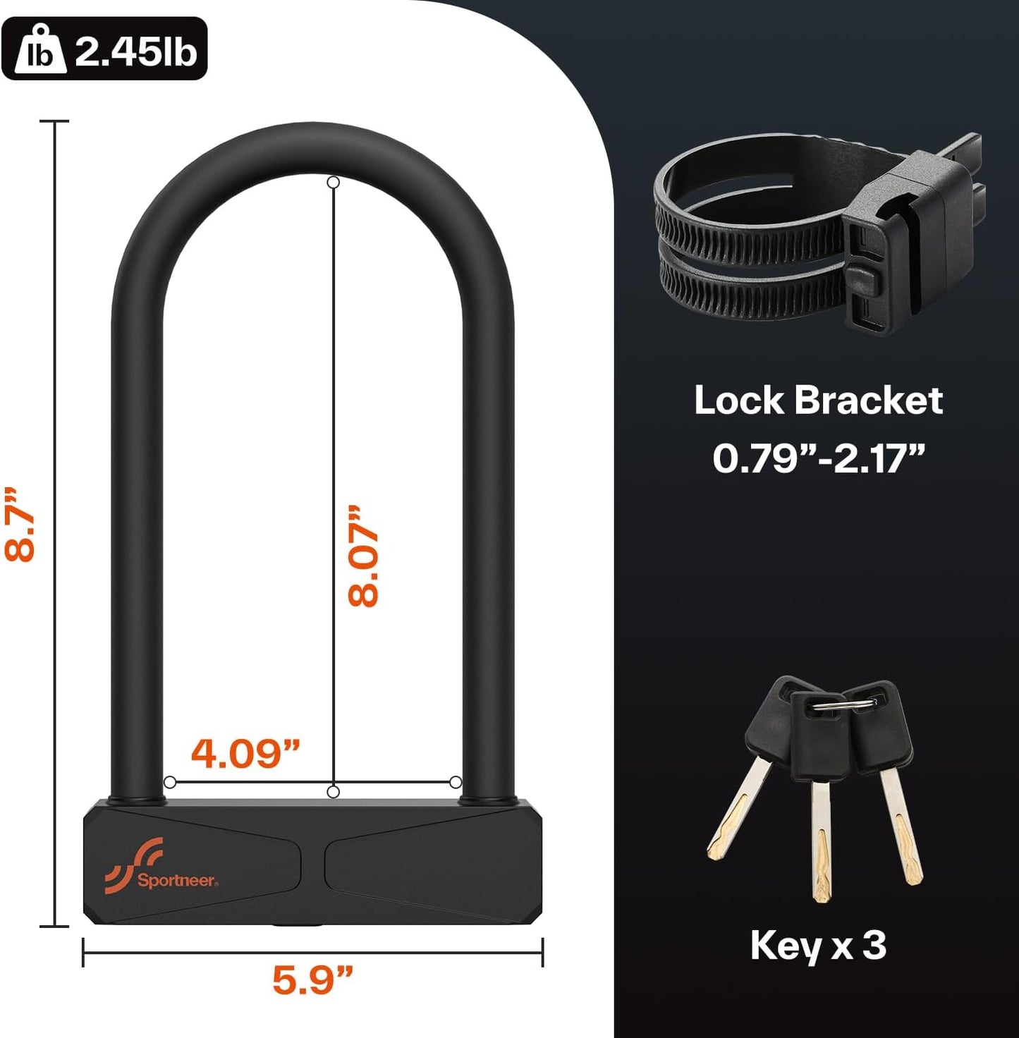 Sportneer Bike Lock - Heavy Duty 16mm Anti-Theft U-Lock with 3 Keys & Sturdy Mounting Bracket | 8.7''x5.9''