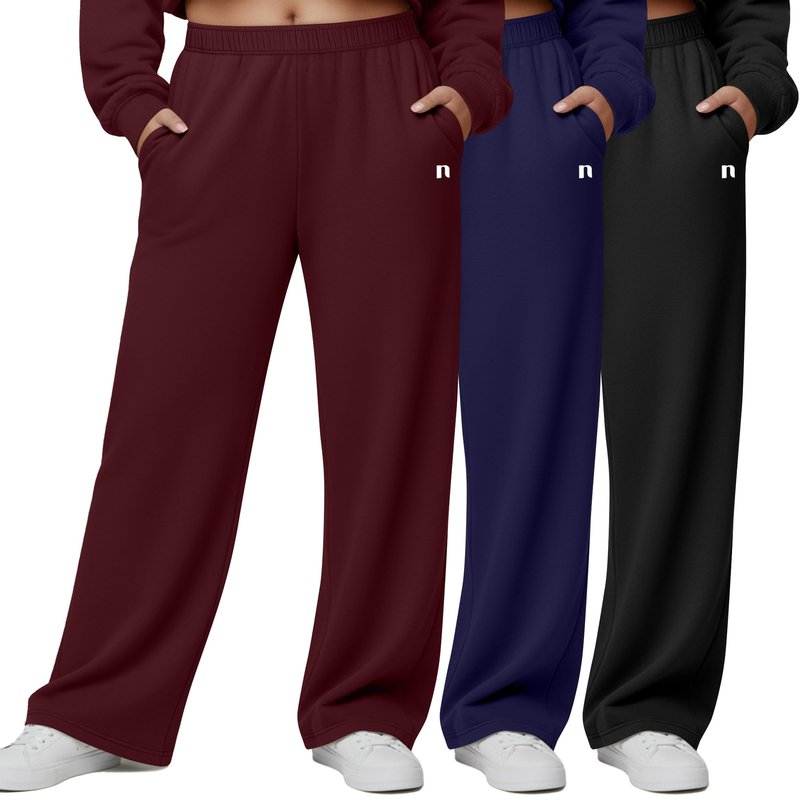 Neer 3 Packs Women's Plus Size Wide Leg Sweatpants High Waist Elastic Waistband Lounge Pants with Pockets(Black, Navy Blue, Wine Red,XX-Large)