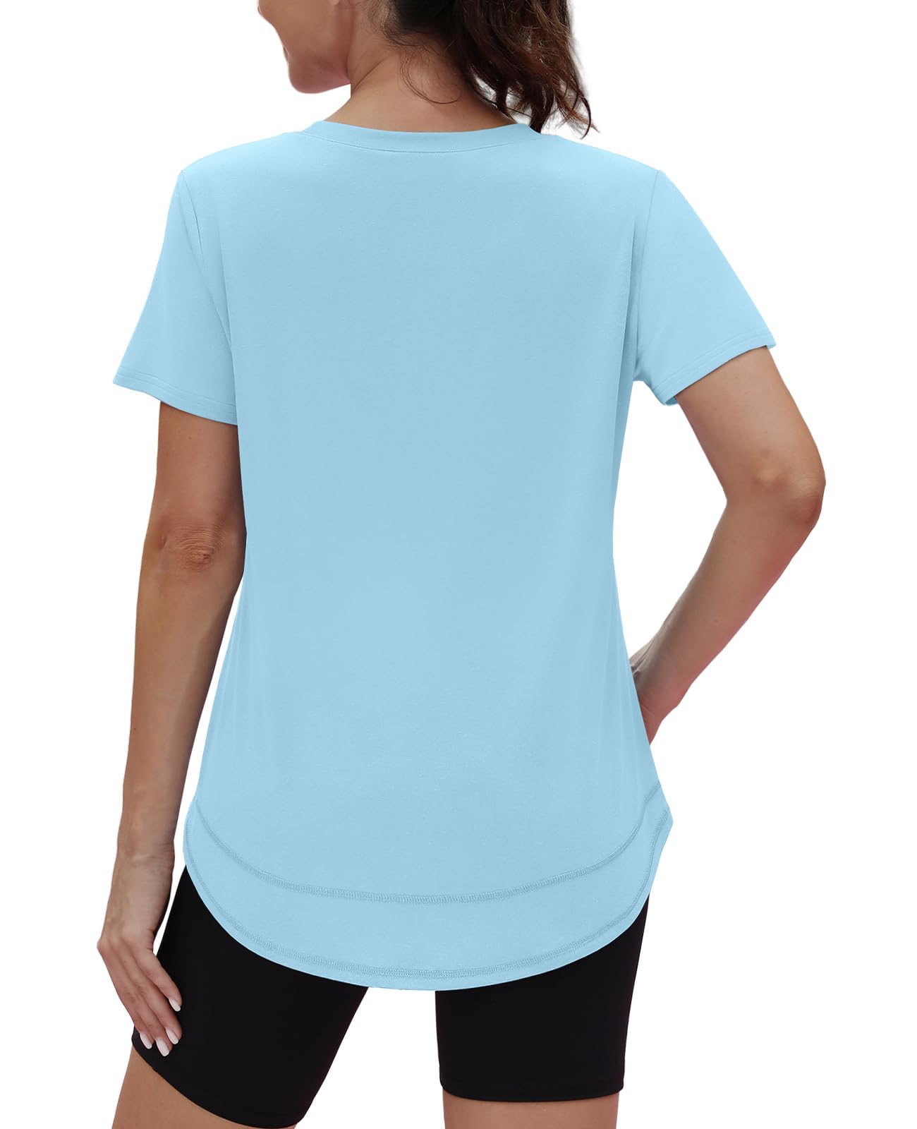Short Sleeve Shirts for Women Workout Yoga Tops Sun Protection Clothing Summer Outfits Rash Guard Side Slit Blue XL
