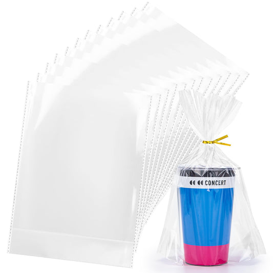 Aubeco 120Pcs Flat Bottom Cellophane Bags, 8x11x3.1" Clear Goodie Baggies with Twist Ties for Party Favor Packaging, Cookie, Popcorn, Candy, Mug Wrapping