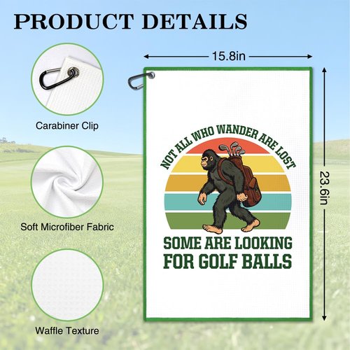 Juoqg Not All Who Wander are Lost Golf Towel, Fun Sasquatch Golf Bag Towel with Clip, Golfing Accessories for Women Men, Birthday Retirement Gifts for Golfer Sports Fan, Golfing Gifts for Grandpa Dad