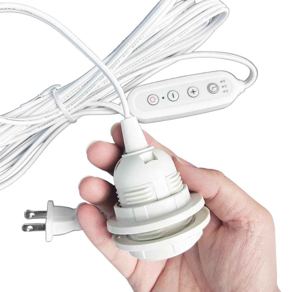 Pendant Light Cord with E26/E27 Socket, 15FT Extension Cable, Stepless Dimming, 2/4/8H Timer, On/Off Switch, Lampshade Holder – Hanging Light Kit for DIY Pendant Lamp, Plug in Pendant Lighting – White
