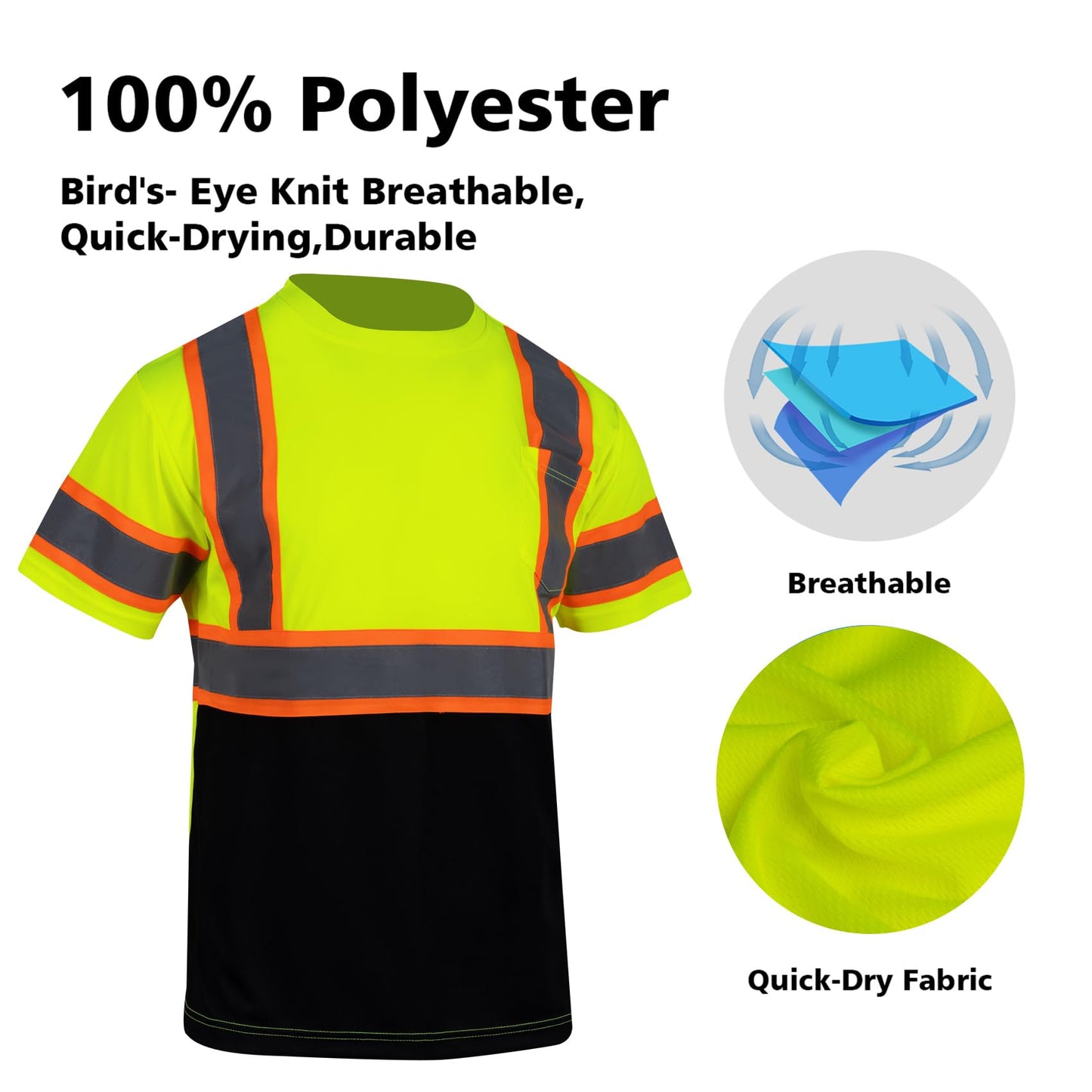 VENDACE Hi Vis Reflective Safety Shirts for Men ANSI Class 3 High Visibility Construction Work T Shirt(Yellow,L)