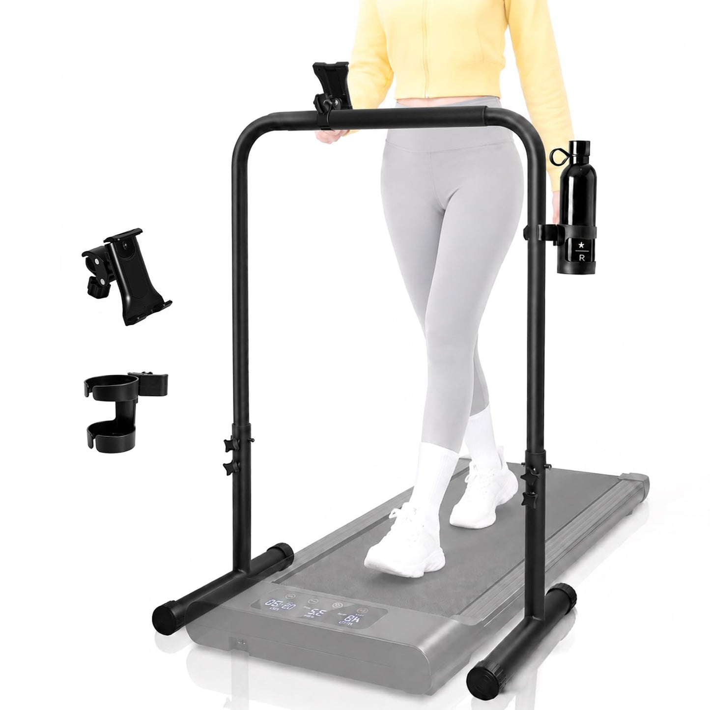 URLINE 25.5Inch Walking Pad Handle Bar Attachment Only with Cup and Phone Holder Stainless Steel Adjustable Treadmill Handrails,Increase Height from 30.7 to 39.37Inch,Comfortable Grip