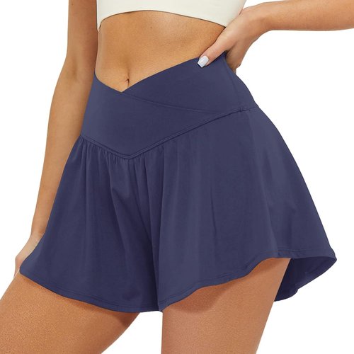 FireSwan Crossover Athletic Shorts - 2 in 1 Flowy Running Shorts with Pockets | Spandex Butterfly Skorts
