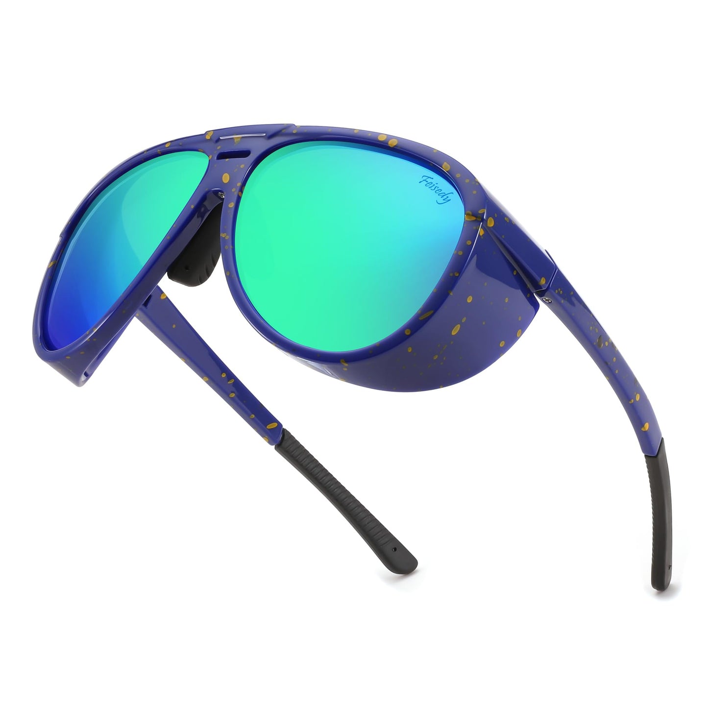 FEISEDY Polarized Aviator Sunglasses Men Women Oversized Round Steampunk Sunglasses Side Shield Goggles B0095
