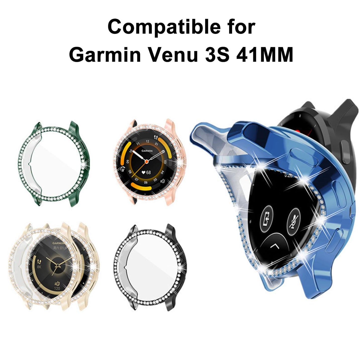HXFRTYU 8 Pack Bling Case for Garmin Venu 3S 41MM Screen Protector, Glitter Diamond Protective Cover Shining Rhinestone TPU Bumper with Tempered Glass Film for Women