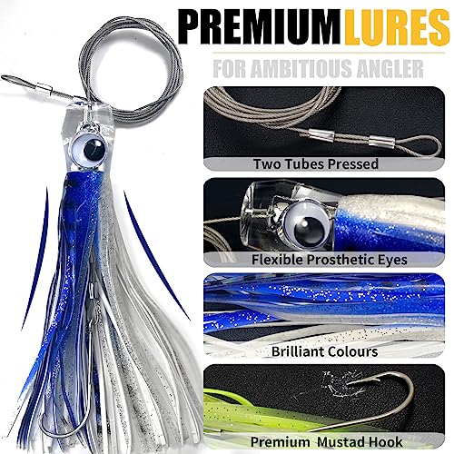 YOTO 9in 6pcs Trolling Lure Kit — Saltwater Deep Sea Skirted Lures for Tuna Marlin Wahoo