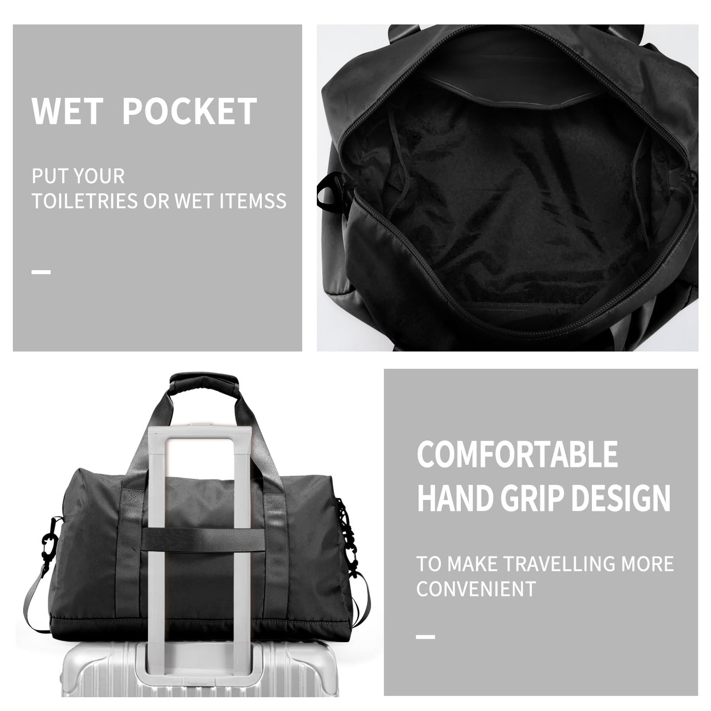 Travel Duffle Bag,Sport Gym Bag for Men And Women with Wet Pocket,Weekender Bag Carry On Tote Bags for Airplane (Black, M)