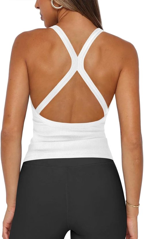 Hragc Women's Halter Workout Tank Top - Plunge V-Neck, Racerback, Fitted Ribbed Design