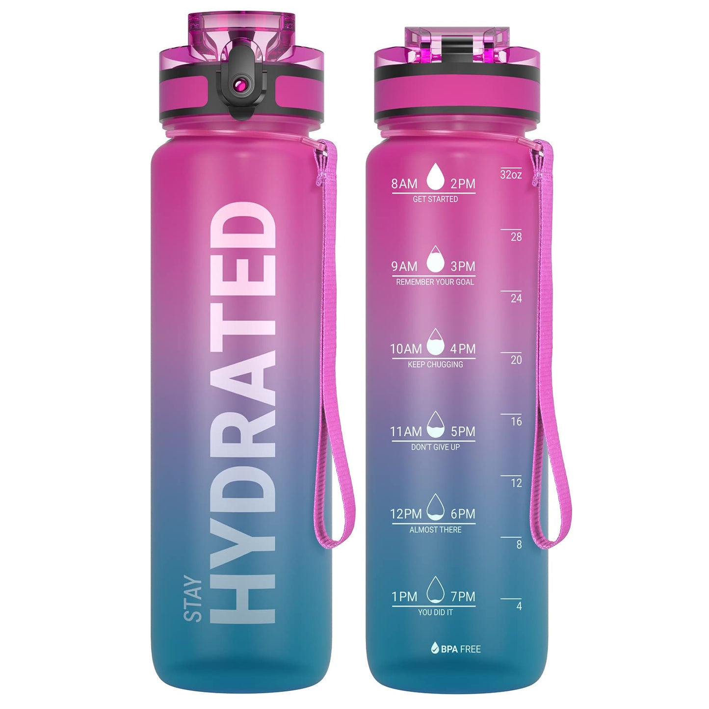 Sahara Sailor Water Bottle, 32/25/17oz Durable and Leakproof Water Bottles Motivational with Time Marker, Tritan, BPA Free, Wide Mouth with Easy Clean Brush for Gym, Travel, School, Office (1 Bottle)