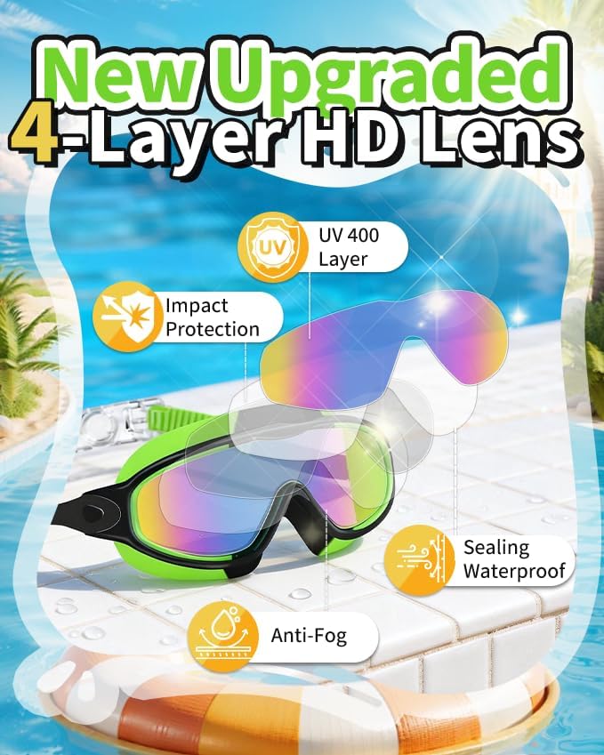 Skiennix Swim Goggles - Anti-Fog & Anti-UV Wide View Design | No Leakage for Kids 3-15 with Earplugs