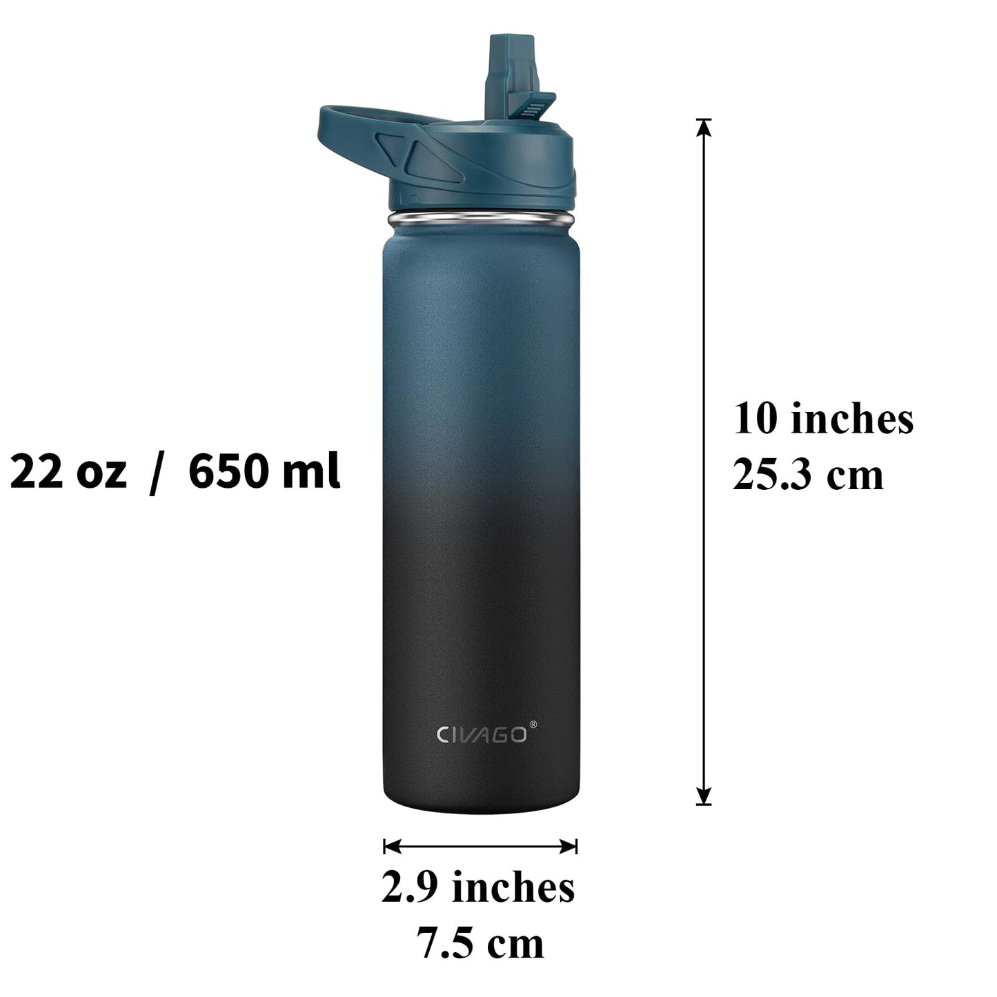 CIVAGO 32 oz Insulated Water Bottle With Straw, Stainless Steel Sports Water Cup Flask with 3 Lids (Straw, Spout and Handle Lid), Wide Mouth Travel Thermal Mug, Tigerlily
