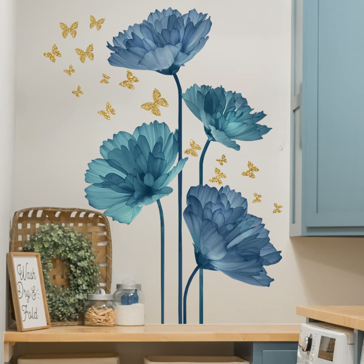 Runtoo Large Blue Flower Wall Decals Butterfly Floral Wall Stickers Backdrop for Living Room Bedroom Bathroom Wall Decor
