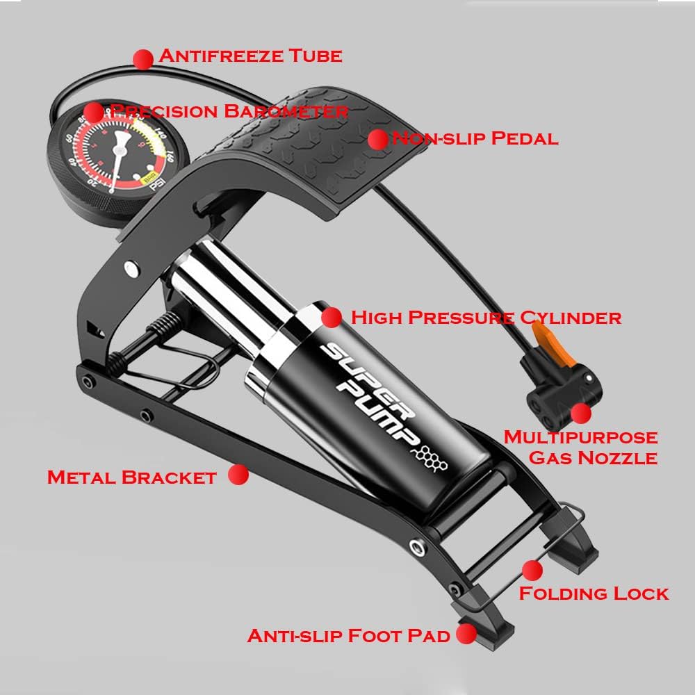 Skiennix Portable Bike Floor Pump - Accurate Pressure Gauge & Smart Valves | Ideal for Bicycles, Cars, & More
