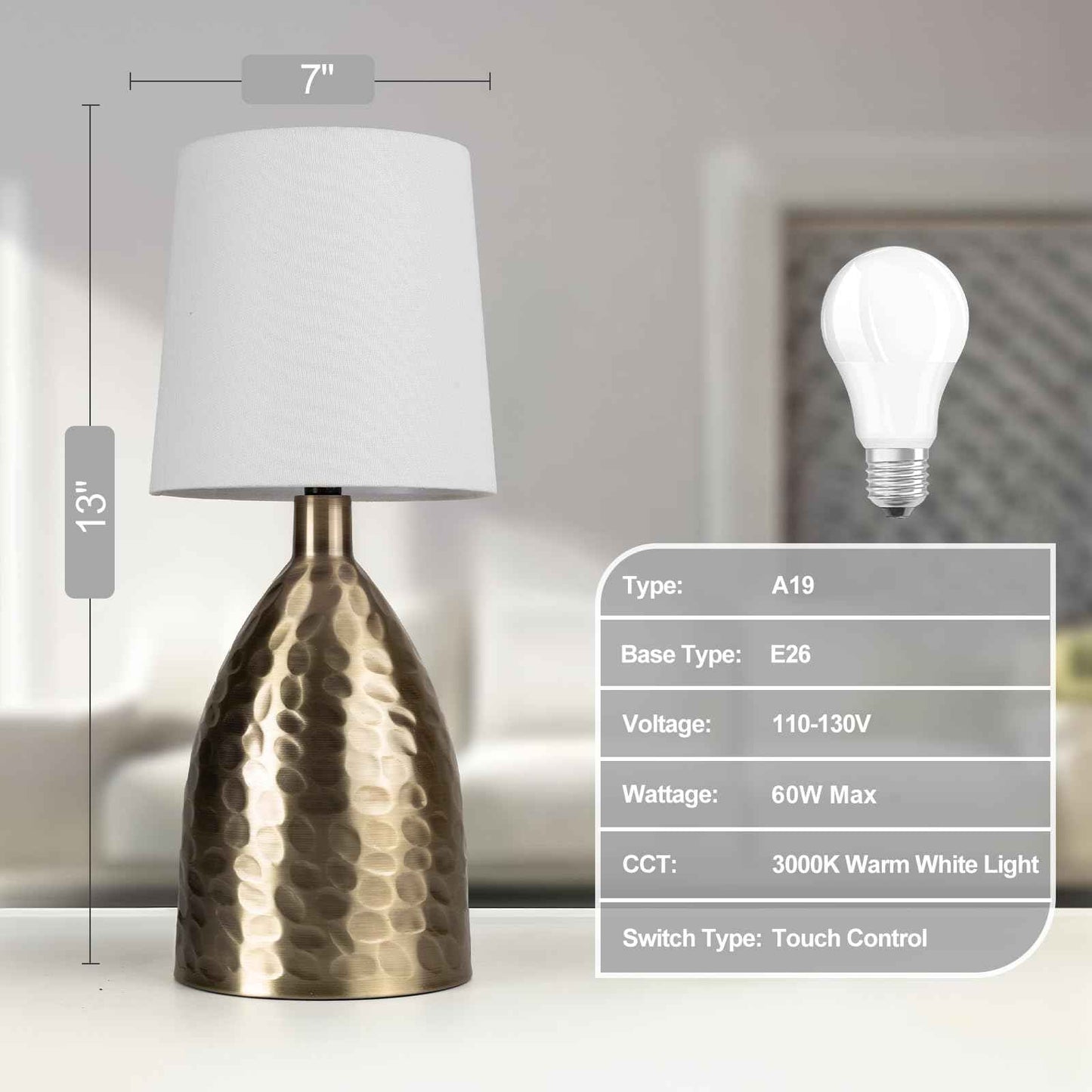 Touch Lamps for Nightstand, Gold Bedside Lamp Touch Control for Bedroom with Linen Shade, Mid Century Modern 13 inch Small Table Lamp for Living Room with E26 Bulb Included (Bronze 13" - 2 Pack)
