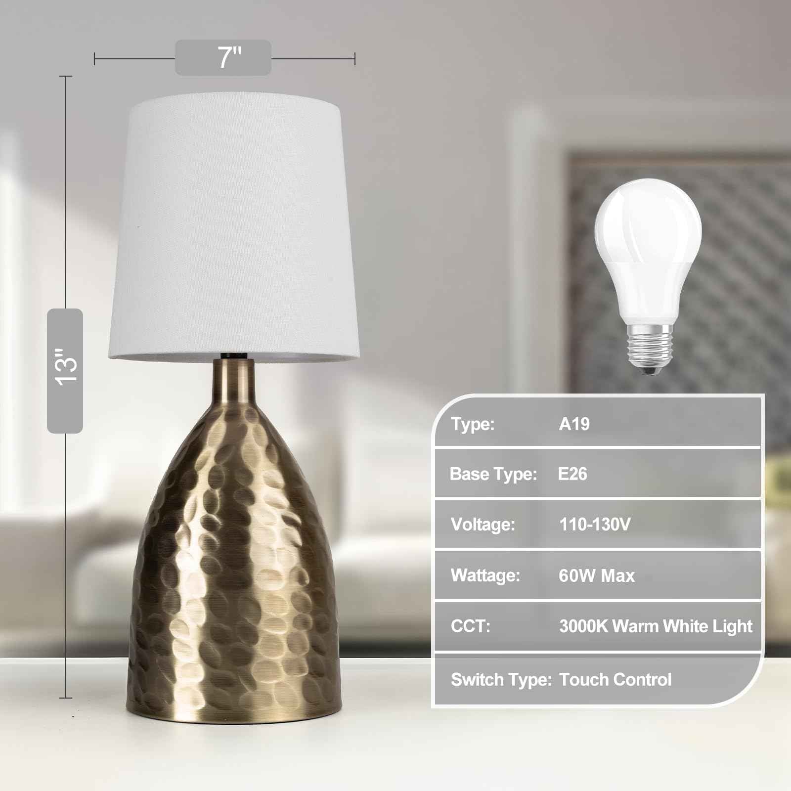 Touch Lamps for Nightstand, Gold Bedside Lamp Touch Control for Bedroom with Linen Shade, Mid Century Modern 13 inch Small Table Lamp for Living Room with E26 Bulb Included (Bronze 13" - 2 Pack)