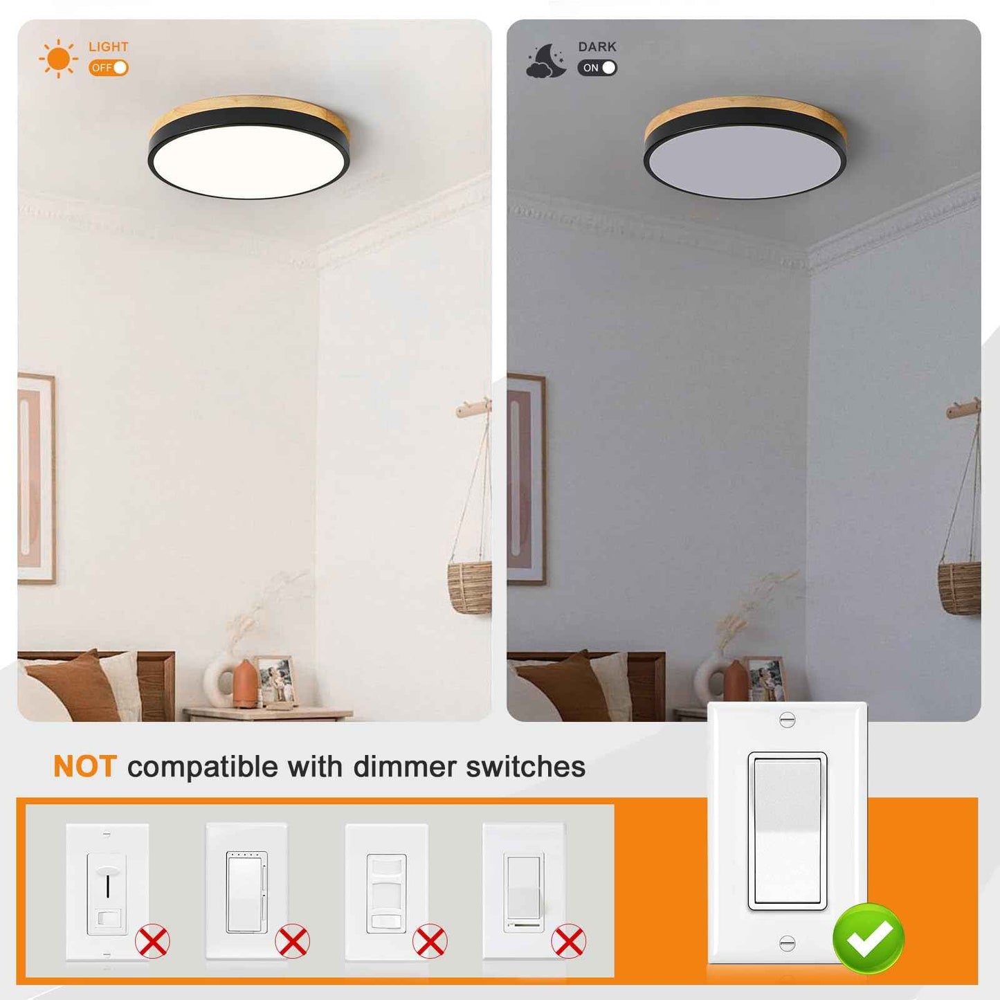 ZUYURT Wood LED Ceiling Light, Modern Black Flush Mount Ceiling Light, Minimalist Close to Ceiling Light Fixture for Bedroom, Hallway, Kitchen, Laundry Room, 11.81in