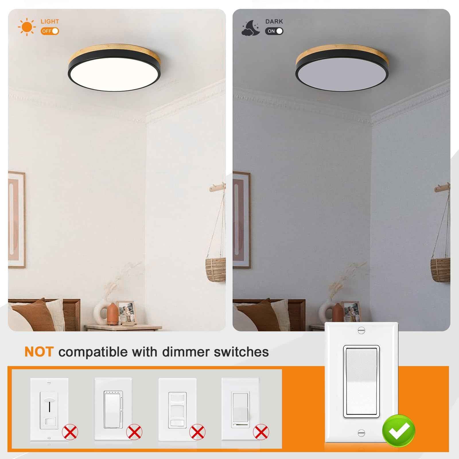 ZUYURT Wood LED Ceiling Light, Modern Black Flush Mount Ceiling Light, Minimalist Close to Ceiling Light Fixture for Bedroom, Hallway, Kitchen, Laundry Room, 11.81in