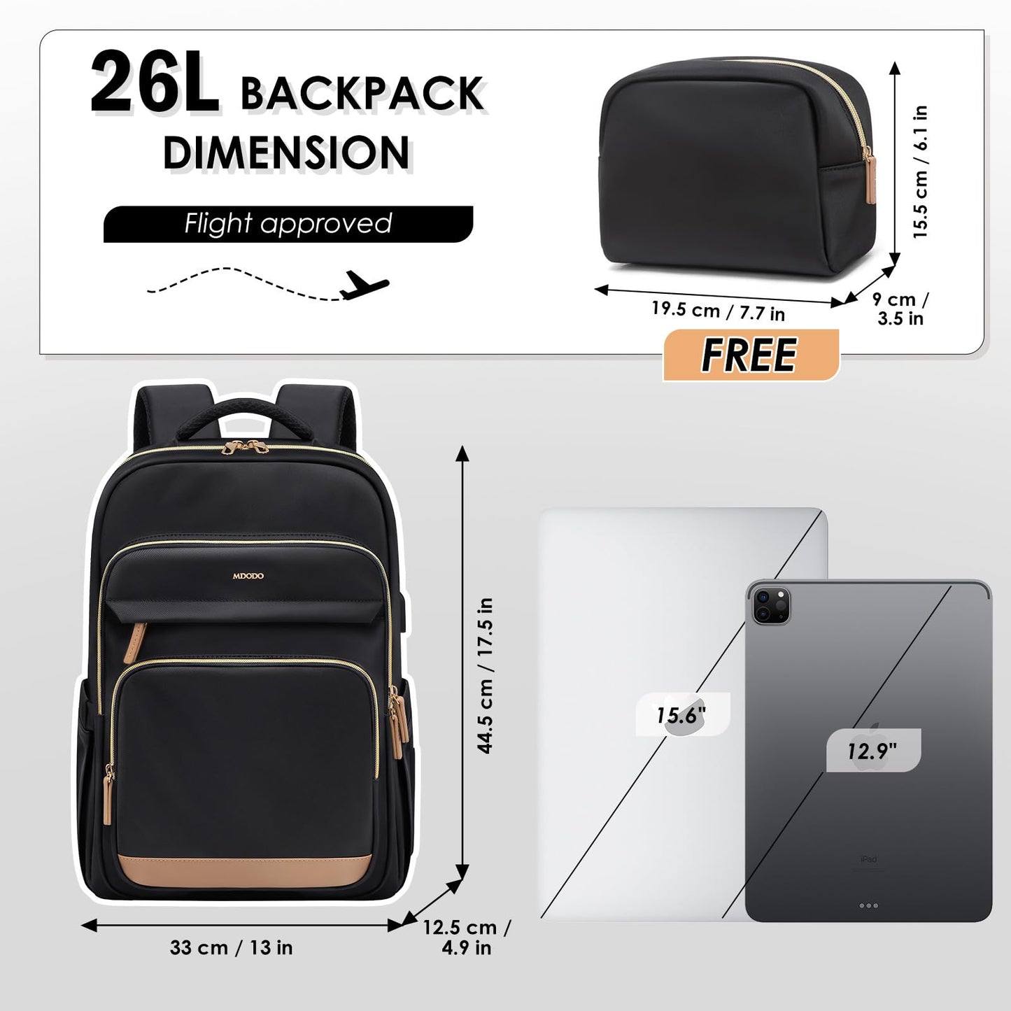MDODO Laptop Backpack for Women,Travel Backpack with Laptop Compartment,Casual Daypack College Bookbag Computer Backpack for Work with Small Organizer Bag,Black