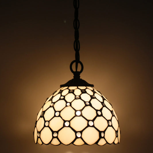 Small Tiffany Pendant Light 8 inch Tiffany Style Stained Glass Pendant Hanging Lamp Small Vintage Hanging Light Fixtures for Home Living Room Restaurant Hallway (White Amber Pearl Beads Style)