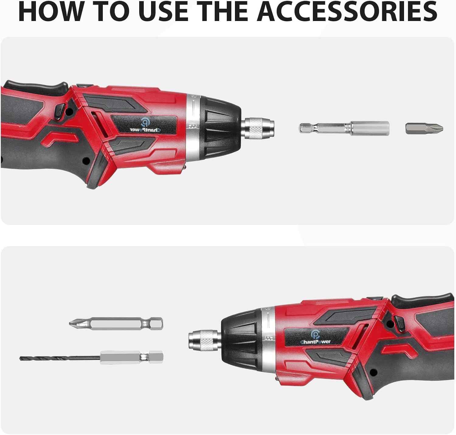 C P CHANTPOWER Cordless Electric Screwdriver Set，6+1 Torque Gears,1/4'' Hex Self-Lock Chuck, 4V Rechargeable lightweight Screwdriver with 11 pcs Accessories, Flashlight, Charger Red