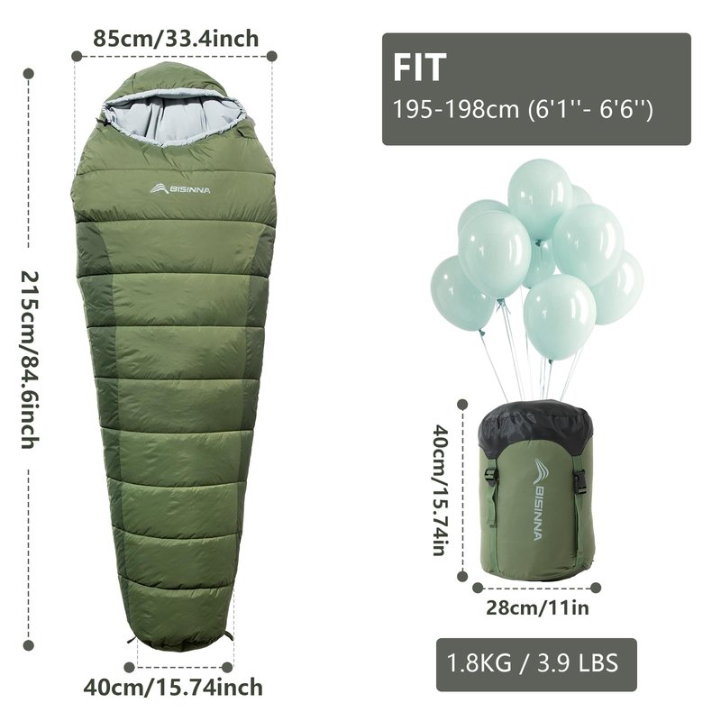 BISINNA Mummy Sleeping Bag for Adults 14-41℉ Cold Weather 3-4 Season Camping Sleeping Bags with Compression Sack for Backpacking Hiking Traveling (Green)