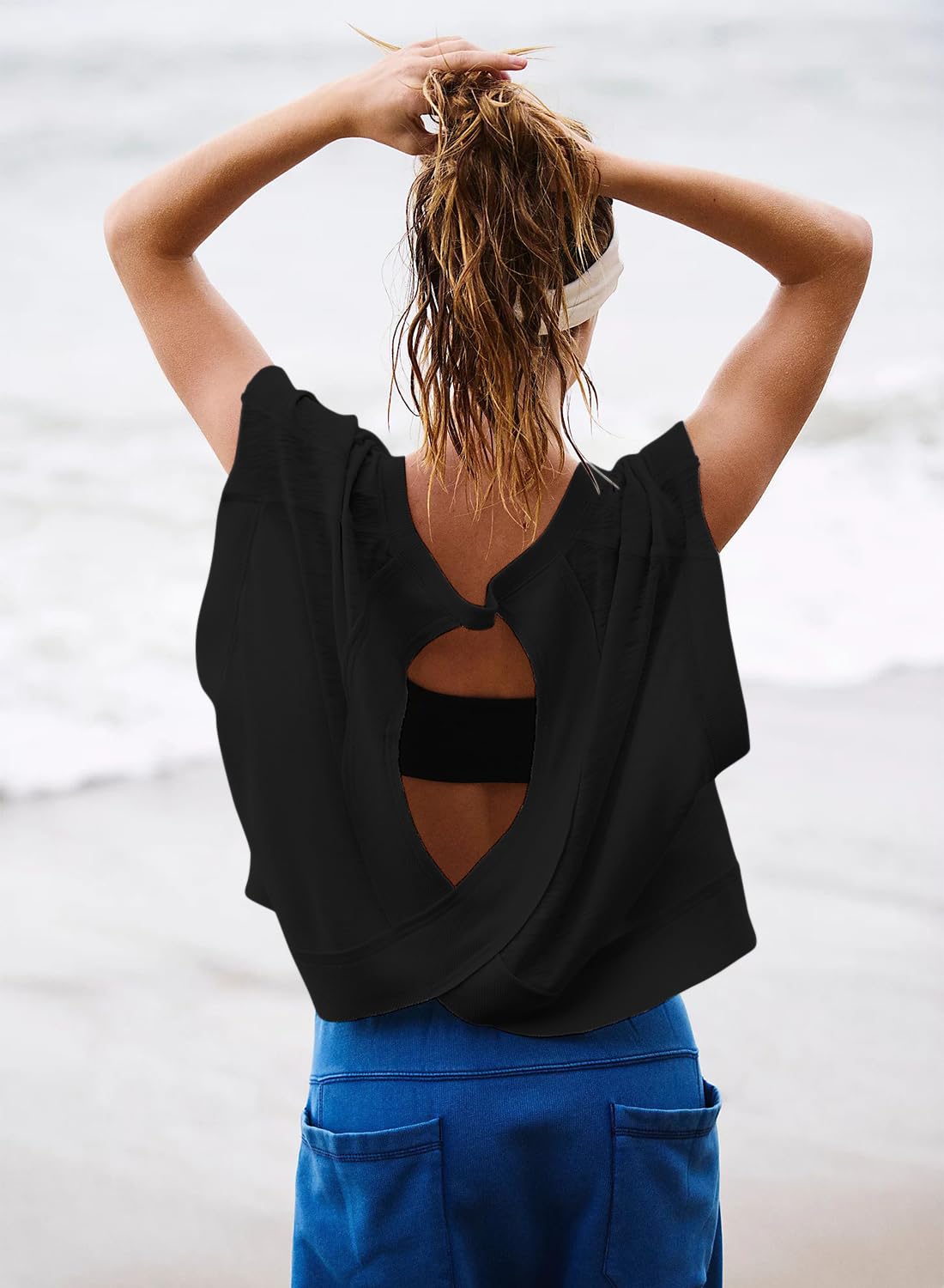 Kumufenc Women Short Sleeve Workout Shirts Open Back Tops Casual Yoga Y2k Athletic Gym Slouchy Crop Running Tees(Black,S)