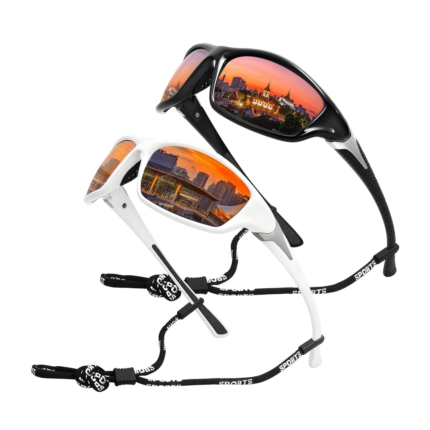 QIFP Polarized Sports Sunglasses For Men Women Unbreakable Frame Cycling Driving Fishing UV400 Protection (White Black + Black Black)