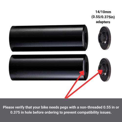 Juscycling Cr-Mo Steel BMX Pegs, Non-Threaded Grinding Pegs, 110mm Length, 38mm Diameter, 14mm Axle Hole with 3/8" Adapter, (Black)