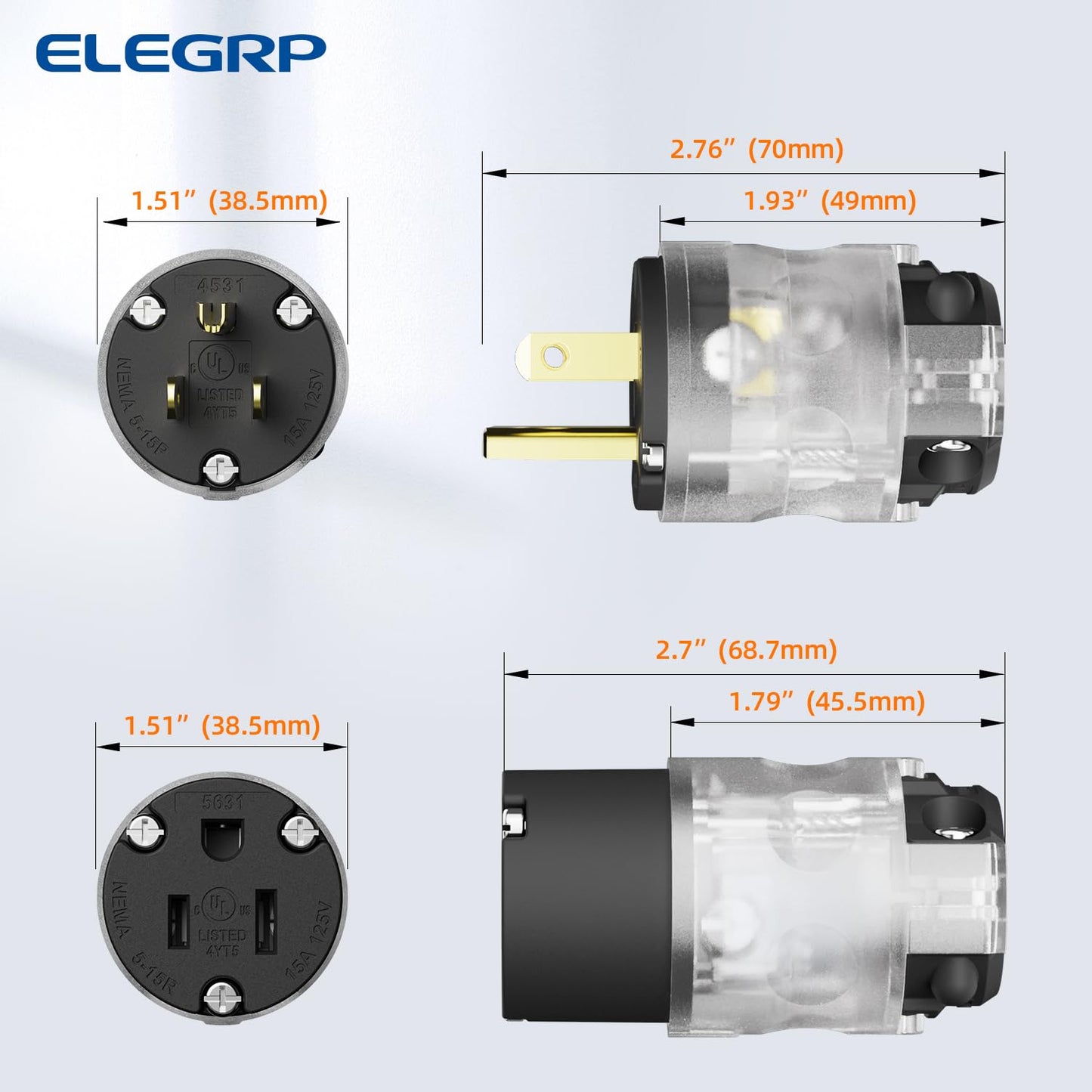 ELEGRP Lighted Straight Blade Connectors, 15 Amp 125 Volt NEMA 5-15R 2 Pole 3 Wire Grounding Electrical Plug Replacement Cord Outlet, Commercial Grade, Black, 1 Pack