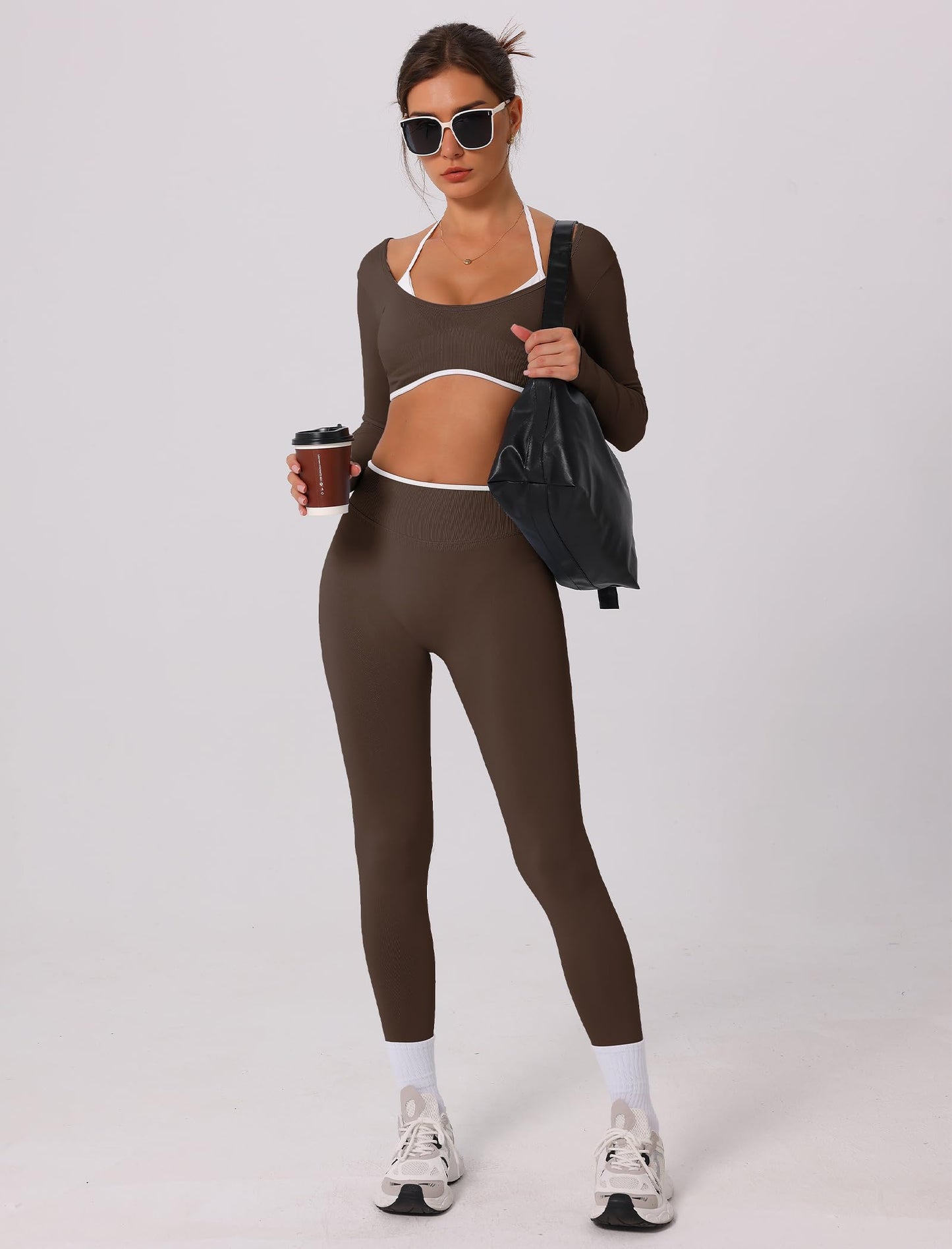 ABOCIW Long Sleeve Workout Sets for Women 2 Piece Seamless Color Block Backless Cropped Top Scrunch Butt Lifting High Waist Leggings Gym Set Yoga Pilates Outfits Coffee Small