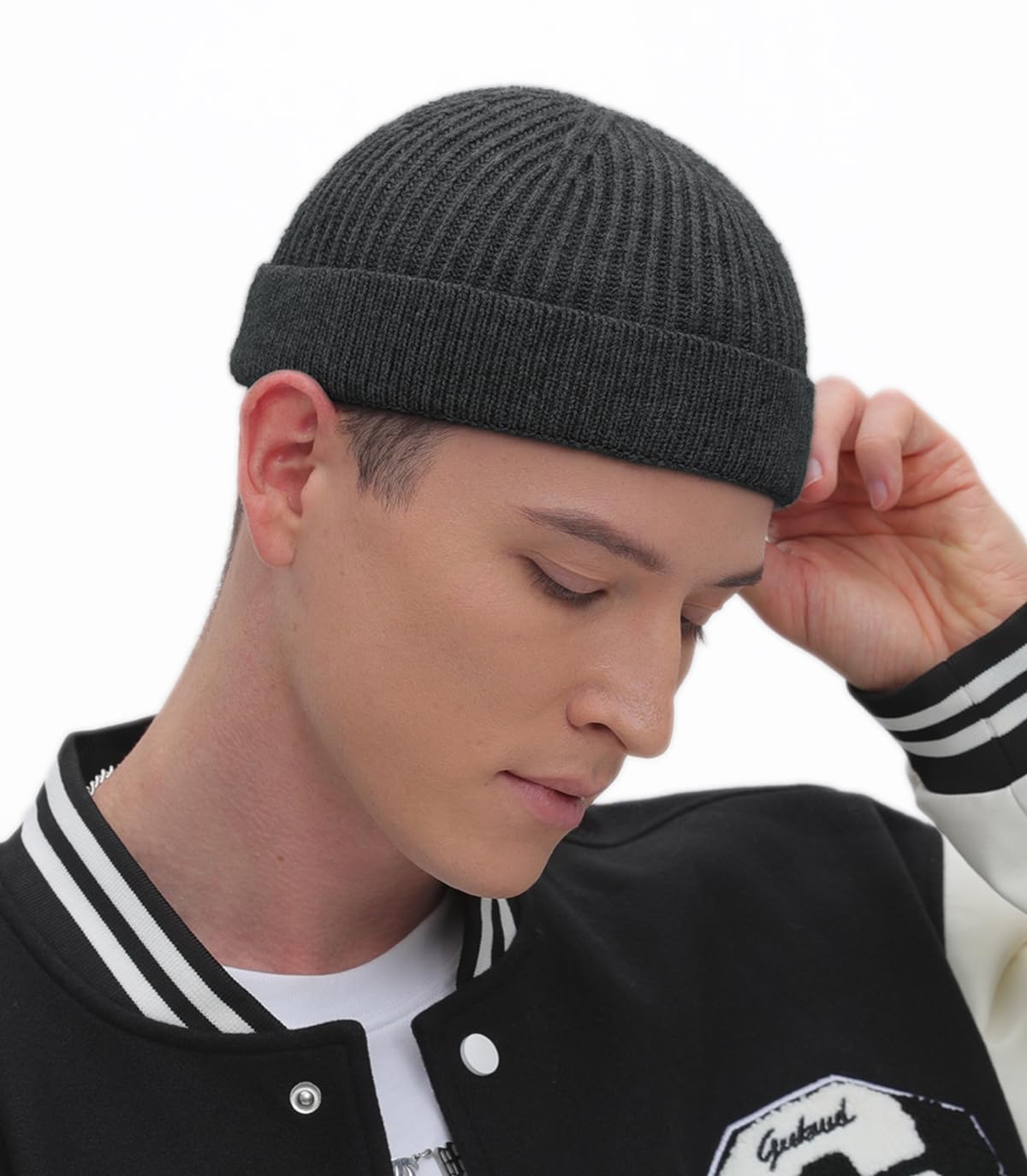 ROYBENS Thin Swag Wool Knit Cuff Short Fisherman Beanie for Men Women, Winter Warm Hats,Trawler Watch Hat Soft Spring Fall Skull Cap Unisex Dark Gray