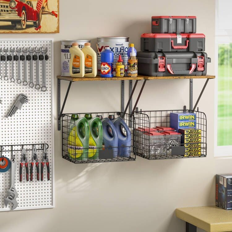 Heavy-Duty Wall-Mounted Garage Shelves with Wire Baskets & Hooks - 2 Pack Tool Organizer for Home & Garden Storage