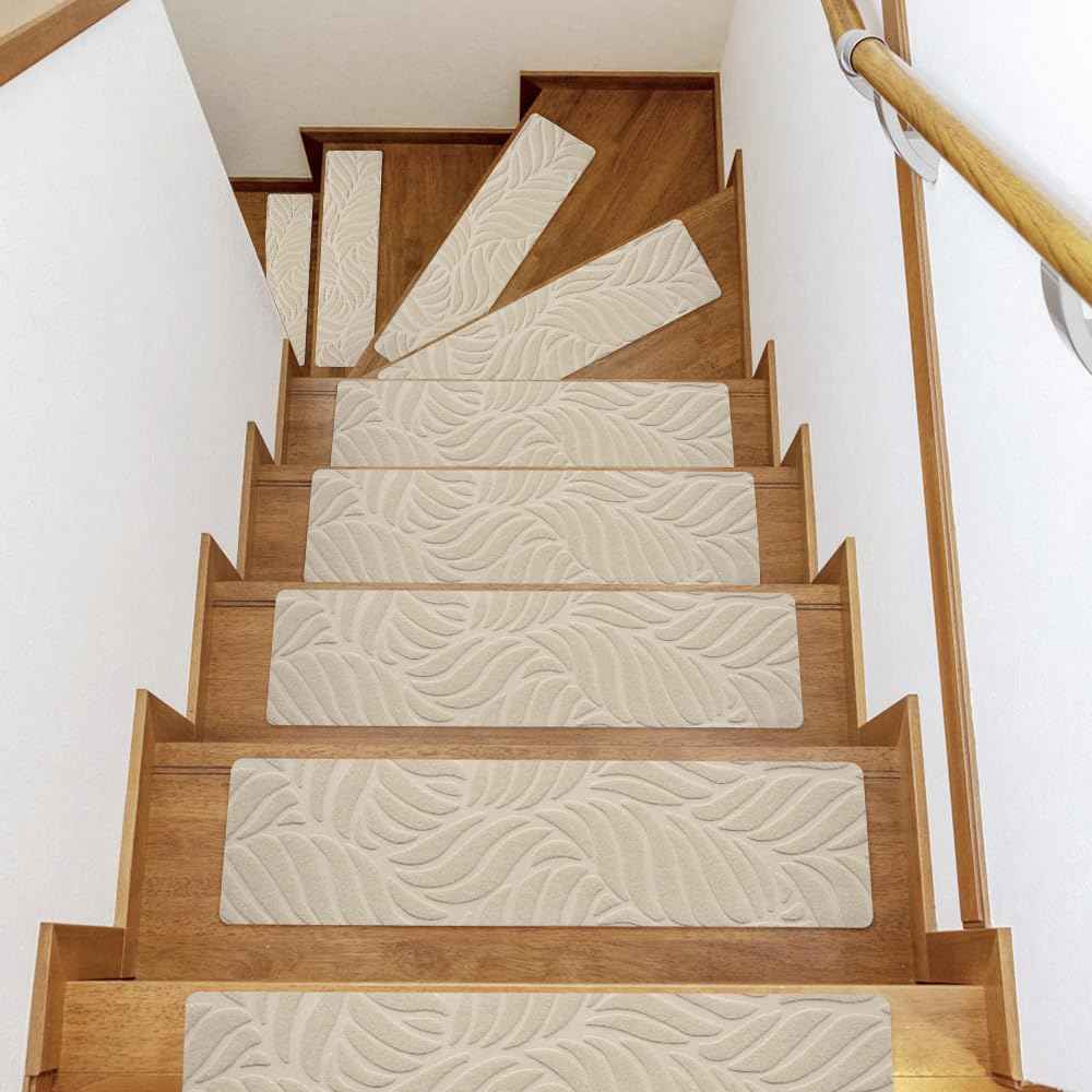8" X 30" Stair Treads for for Wooden Steps,Non-Slip Carpet Step Treads Step Covers(15-Pack),Safety Rug Stair Tread Covers Indoor Stair Mats for Elders, Kids and Dogs (Leaf-Beige)