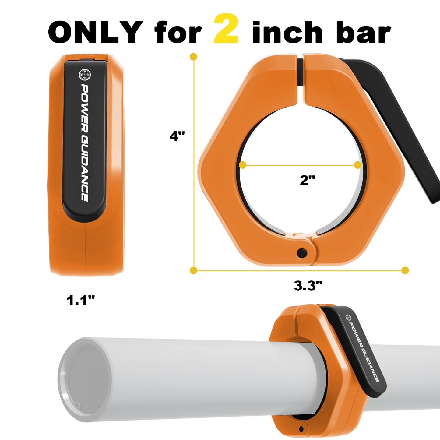POWER GUIDANCE Barbell Collars Barbell Clips, ONLY for 2 inch Olympic Barbell Clamps, Weight Clamps Quick Release Barbell Collar for Olympic Lifts and Strength Training (Orange)