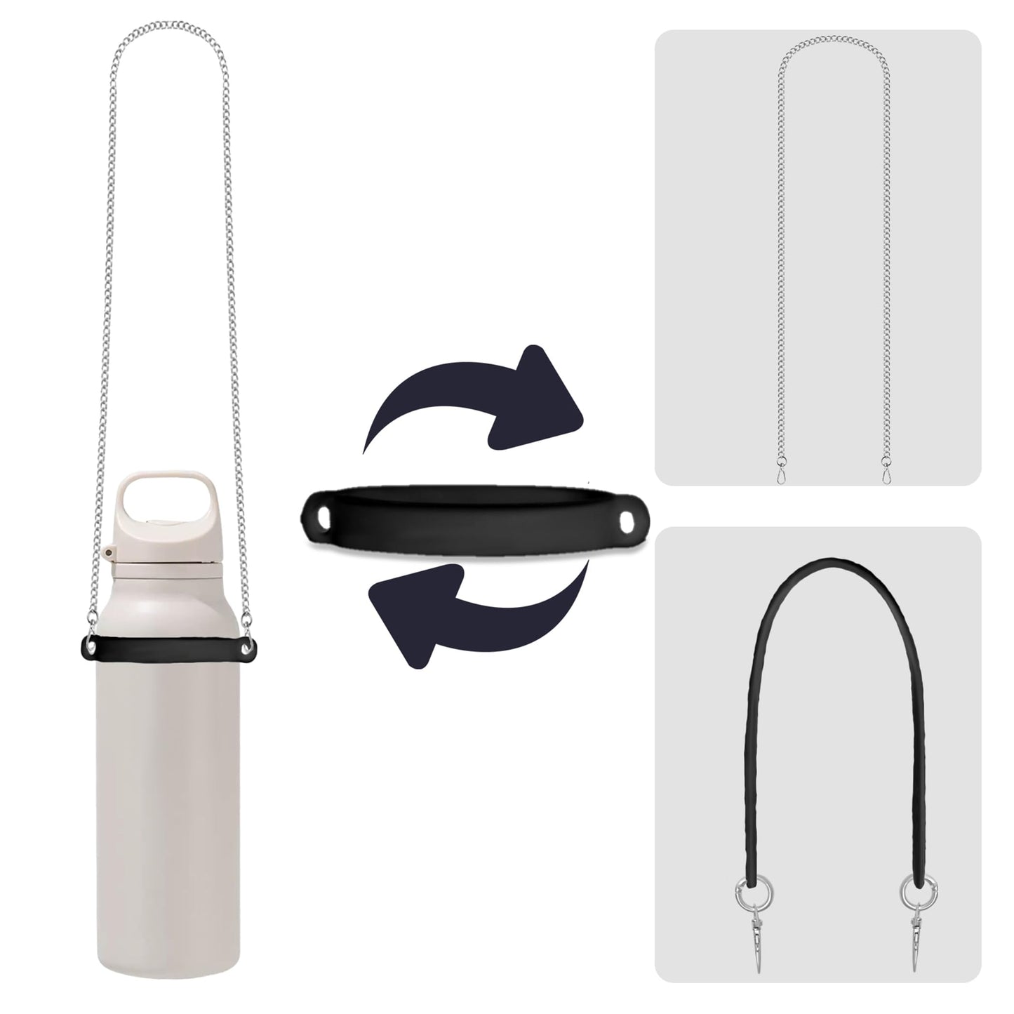 FEVER SEVEN XDSW Universal Water Bottle Carry Strap with Chain - 3-in-1 Silicone Sling, Handle & Holder for 8-40oz Stanley Cup Accessories, Yeti, Owala Tumblers - Hands-Free Cross-Body Design (Black)