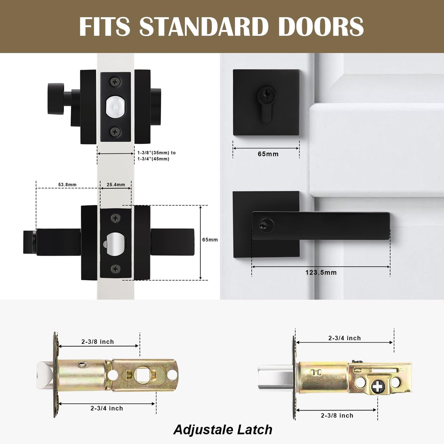 Brotima 2 Pack Keyed Entry Door Lever and Single Cylinder Deadbolt Set, Keyed Alike Reversible Lockset, Matte Black Square Interior/Exterior Handleset for Bedroom, Front Door